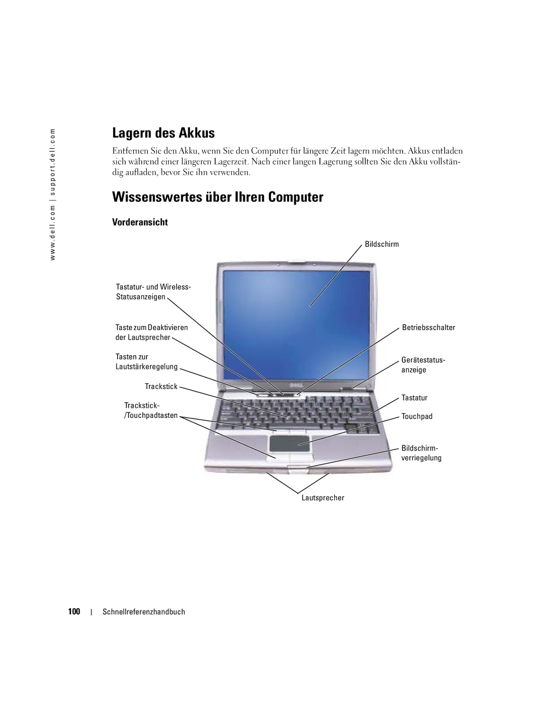 Dell D610 manual Lagern des Akkus, Wissenswertes über Ihren Computer, Vorderansicht, 100 