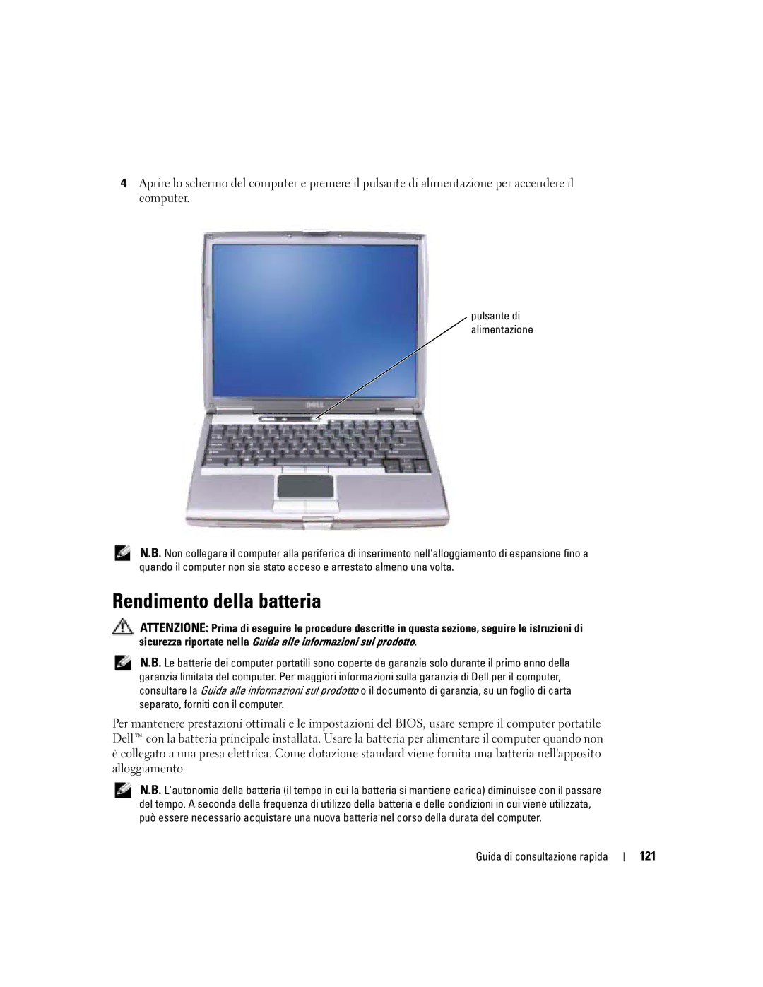 Dell D610 manual Rendimento della batteria, 121 