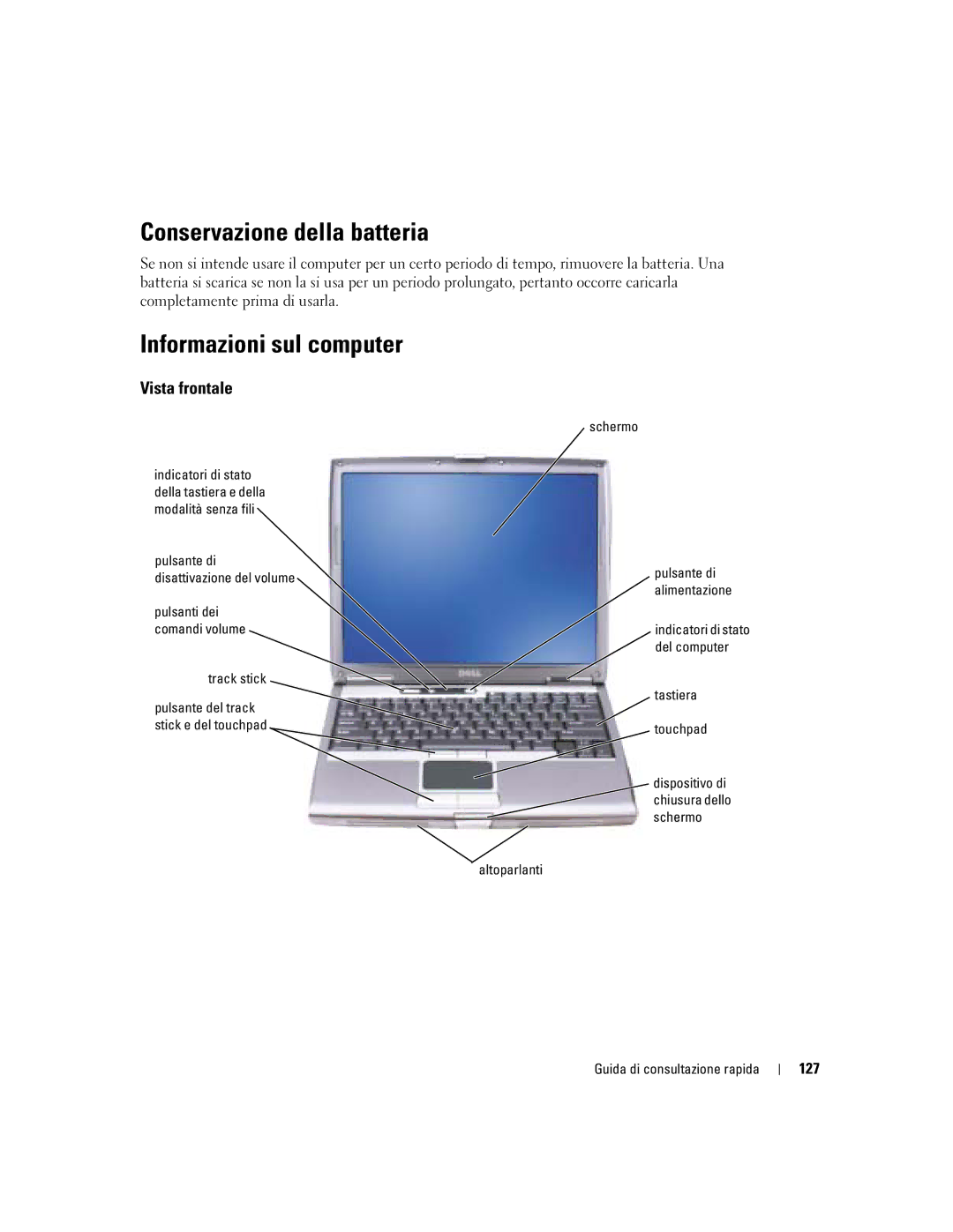 Dell D610 manual Conservazione della batteria, Informazioni sul computer, Vista frontale, 127 