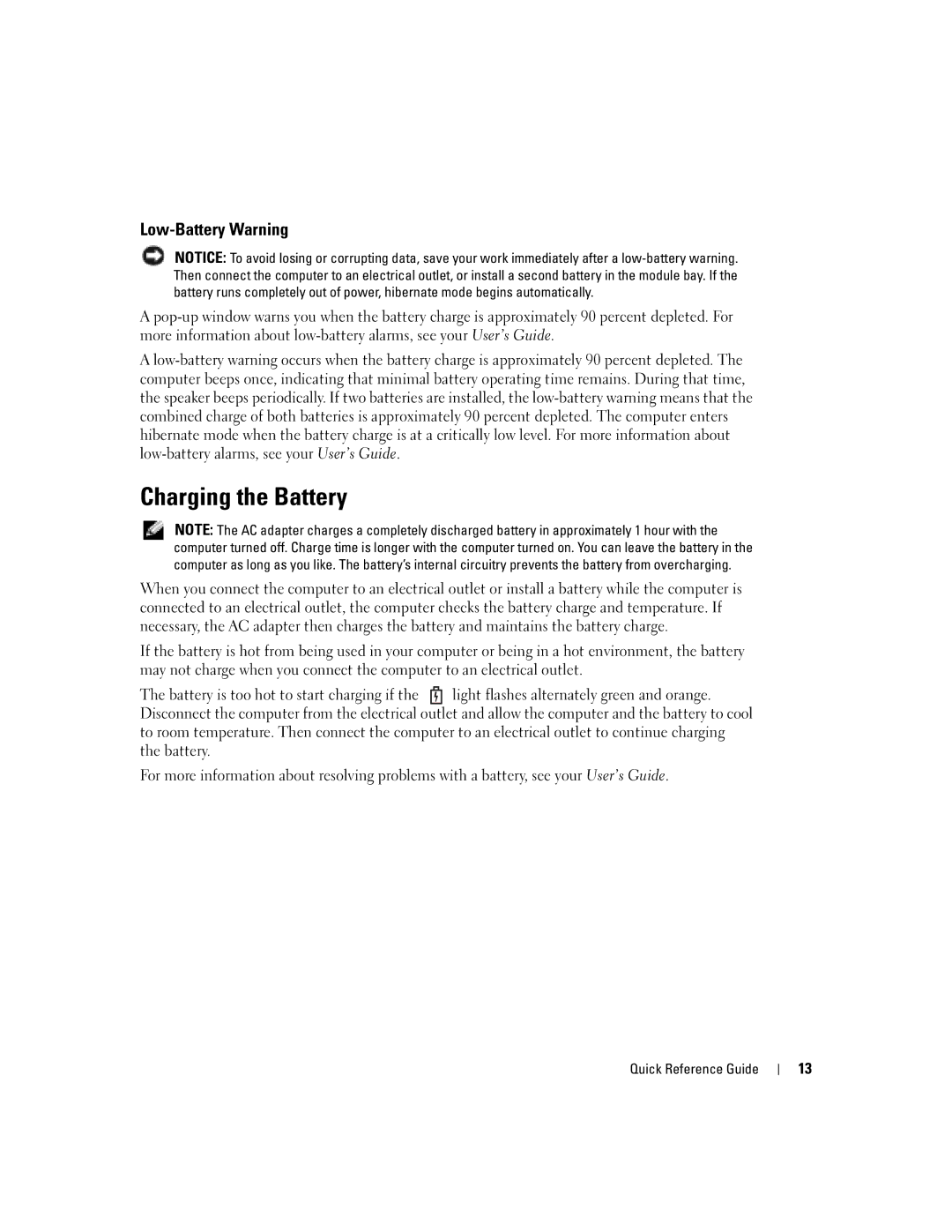 Dell D610 manual Charging the Battery, Low-Battery Warning 