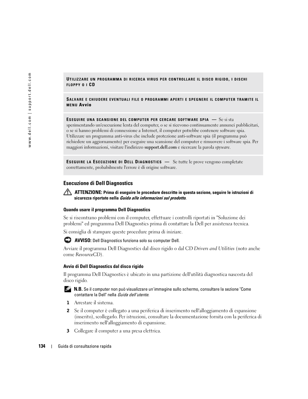 Dell D610 manual Esecuzione di Dell Diagnostics, Quando usare il programma Dell Diagnostics, 134 