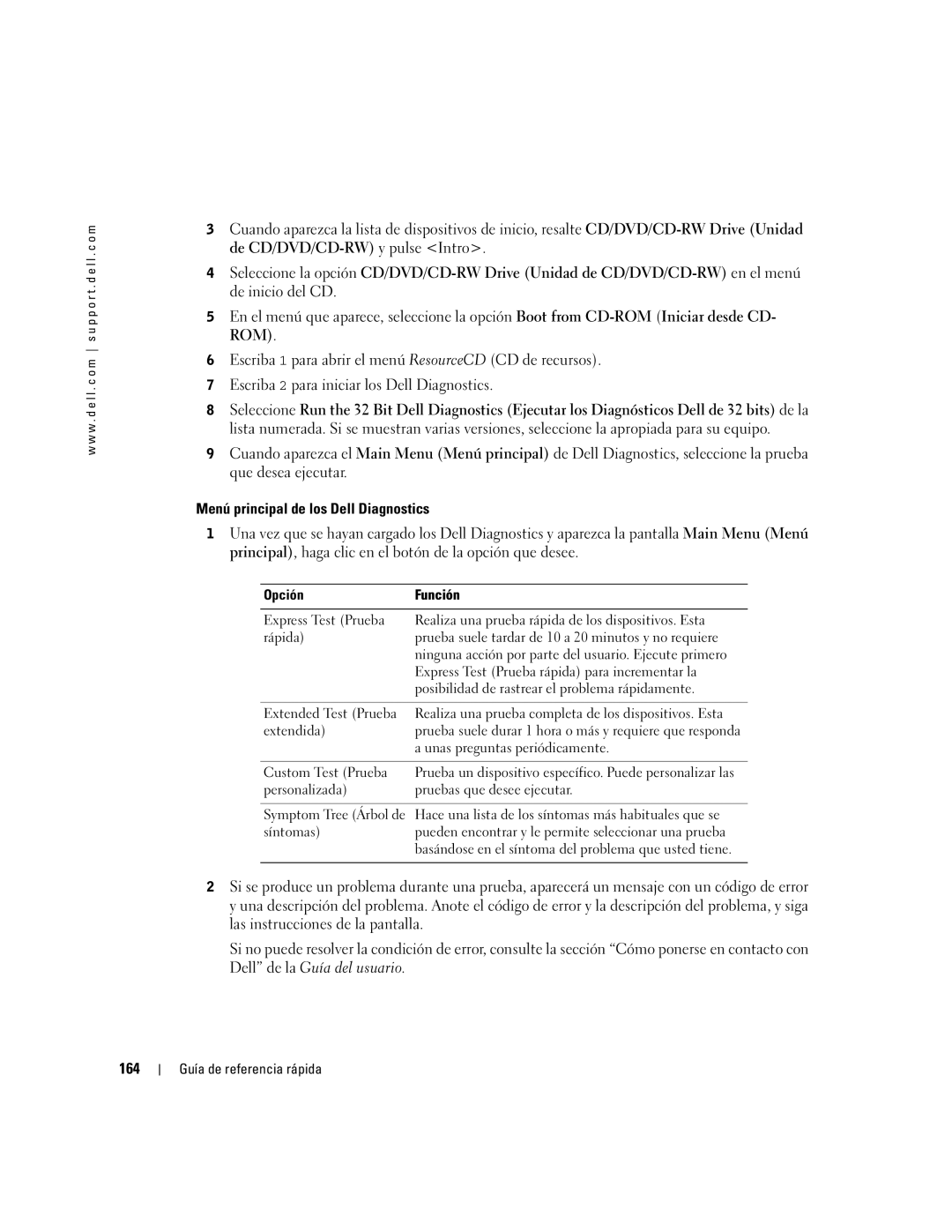 Dell D610 manual Menú principal de los Dell Diagnostics, 164, Opción Función 