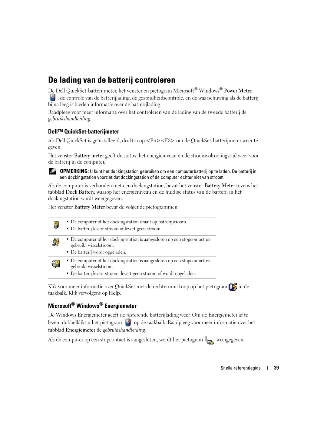 Dell D610 manual De lading van de batterij controleren, Dell QuickSet-batterijmeter, Microsoft Windows Energiemeter 