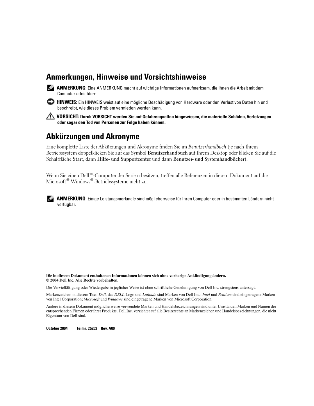 Dell D610 manual Anmerkungen, Hinweise und Vorsichtshinweise, Abkürzungen und Akronyme 