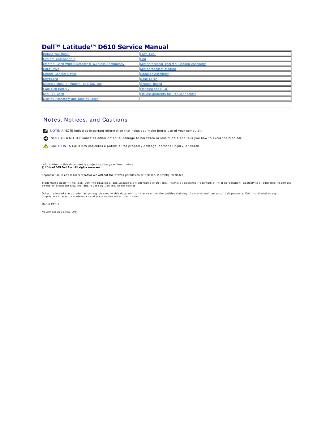 Dell D610 manual November 2005 Rev. A01 