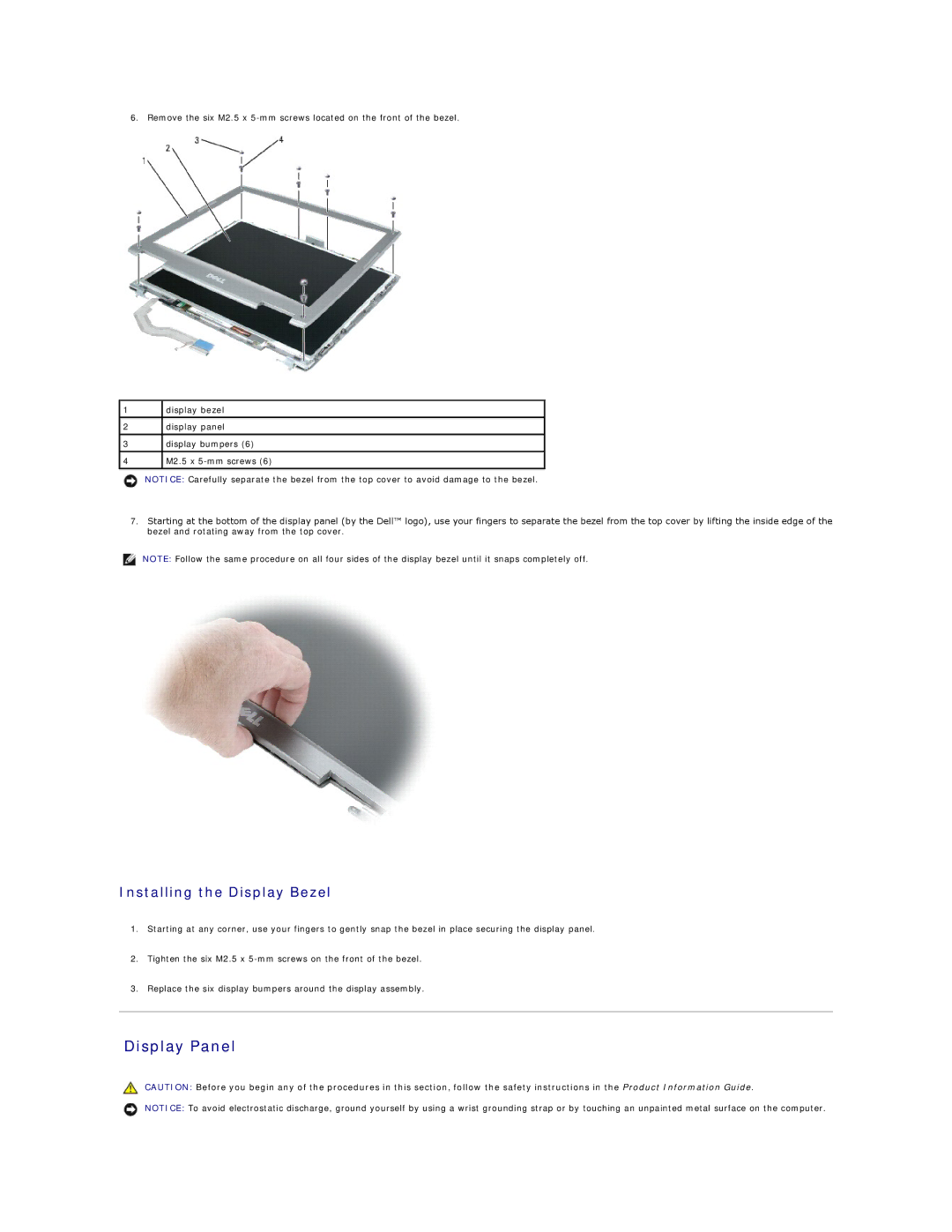 Dell D610 manual Display Panel, Installing the Display Bezel 