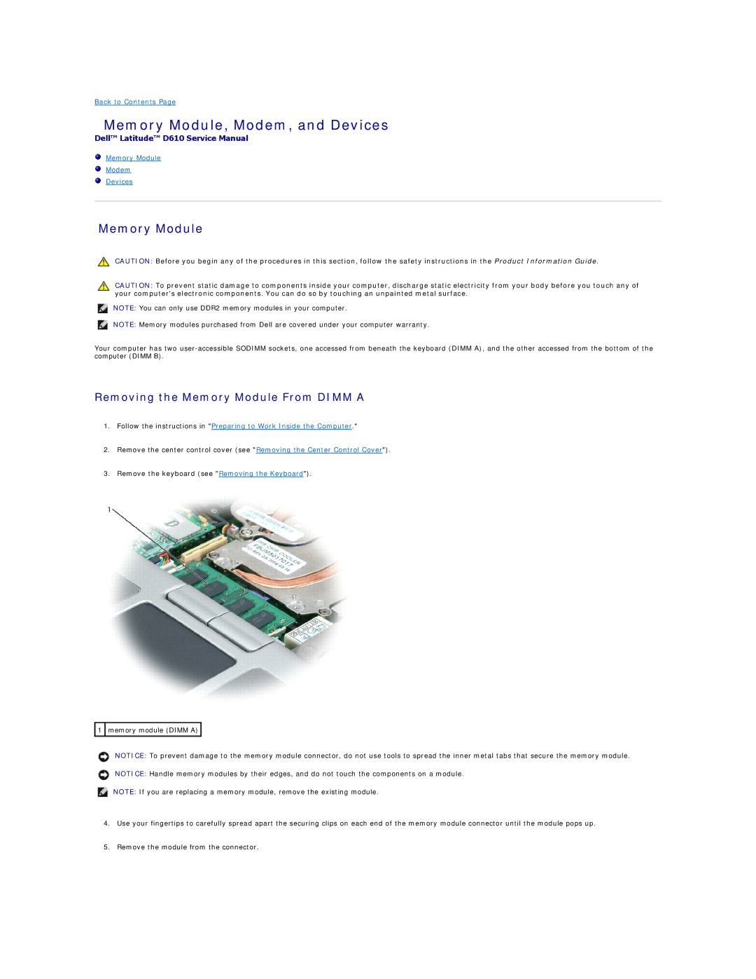 Dell D610 manual Memory Module, Modem, and Devices, Removing the Memory Module From Dimm a 