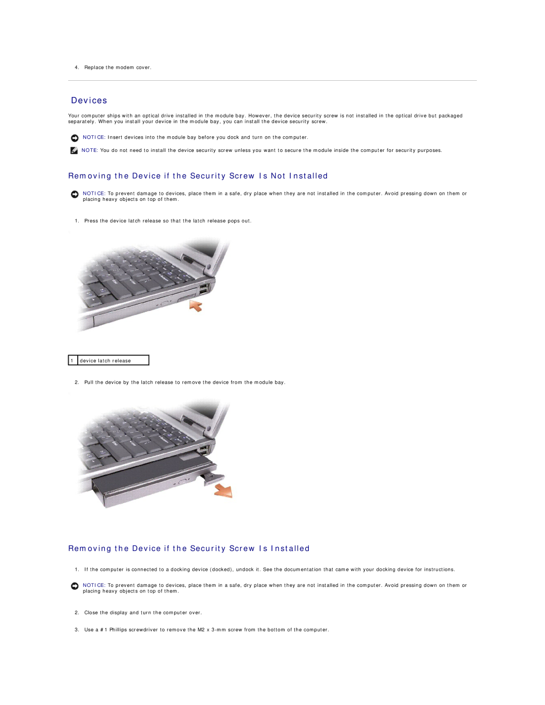 Dell D610 manual Devices, Removing the Device if the Security Screw Is Not Installed 