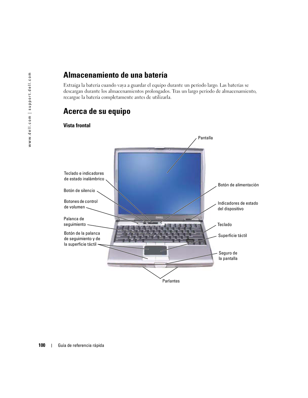 Dell D610 manual Almacenamiento de una batería, Acerca de su equipo, 100 