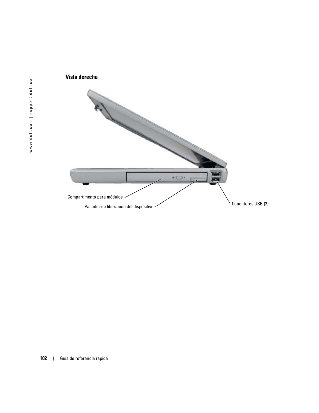 Dell D610 manual Vista derecha, 102 