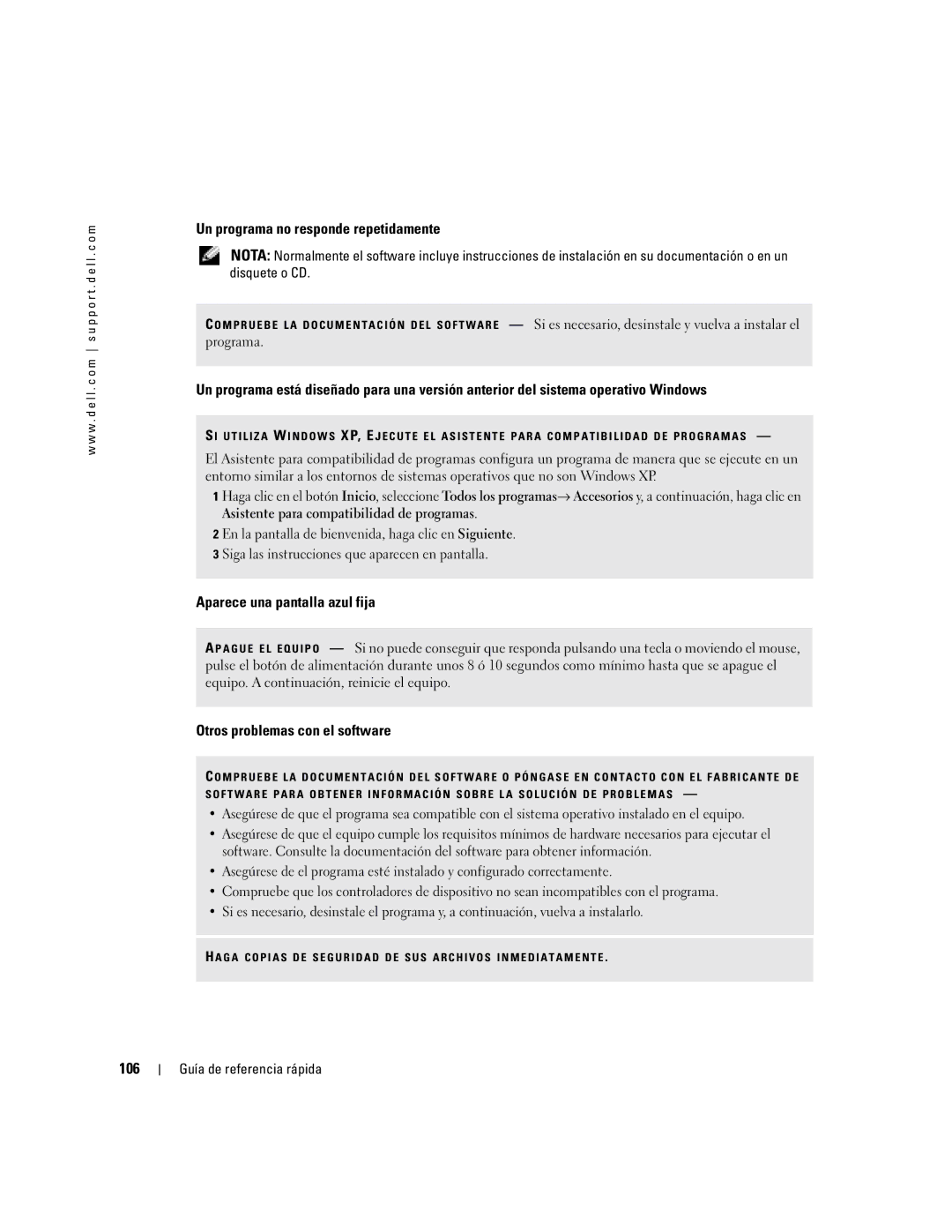 Dell D610 Un programa no responde repetidamente, Aparece una pantalla azul fija, Otros problemas con el software, 106 