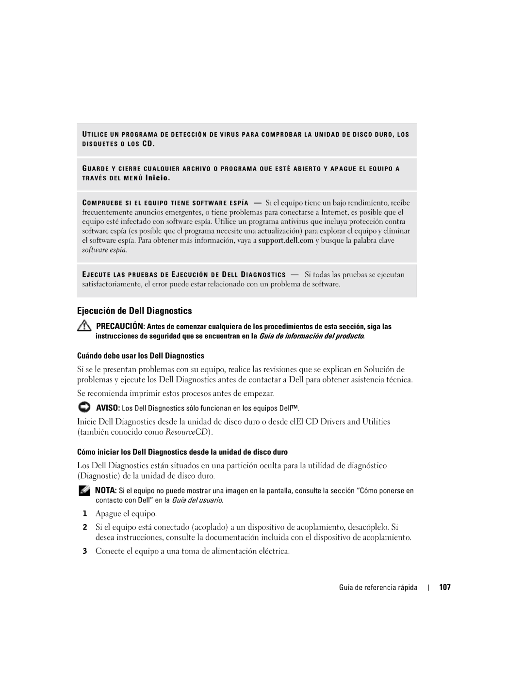 Dell D610 manual Ejecución de Dell Diagnostics, Cuándo debe usar los Dell Diagnostics, 107 