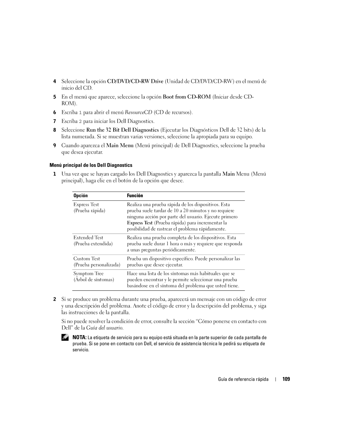 Dell D610 manual Menú principal de los Dell Diagnostics, 109, Opción Función 