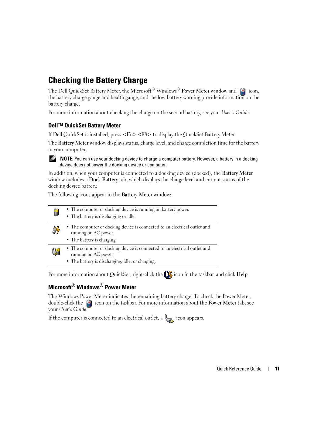 Dell D610 manual Checking the Battery Charge, Dell QuickSet Battery Meter, Microsoft Windows Power Meter 