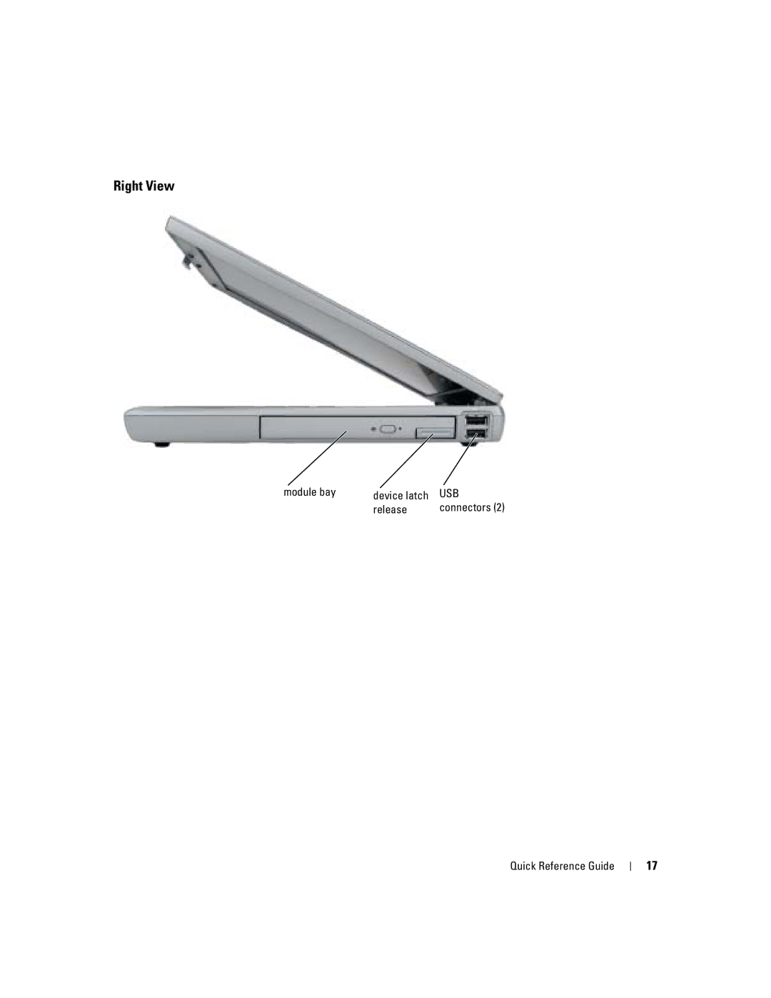 Dell D610 manual Right View, Module bay Device latch, Release 