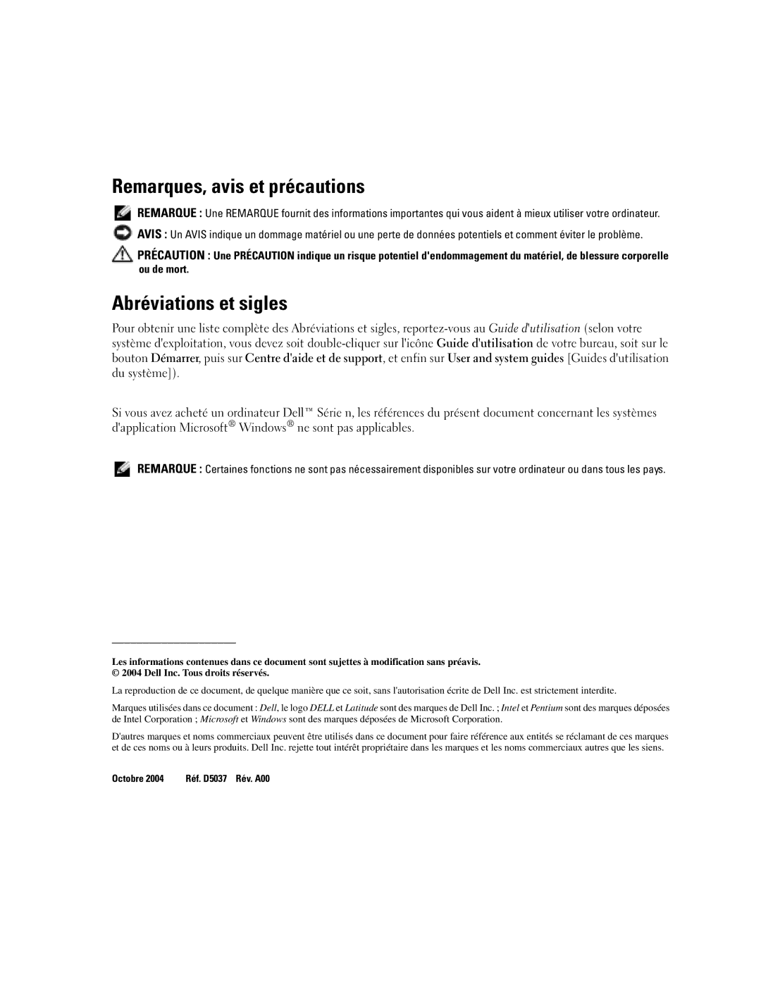 Dell D610 manual Remarques, avis et précautions, Abréviations et sigles 