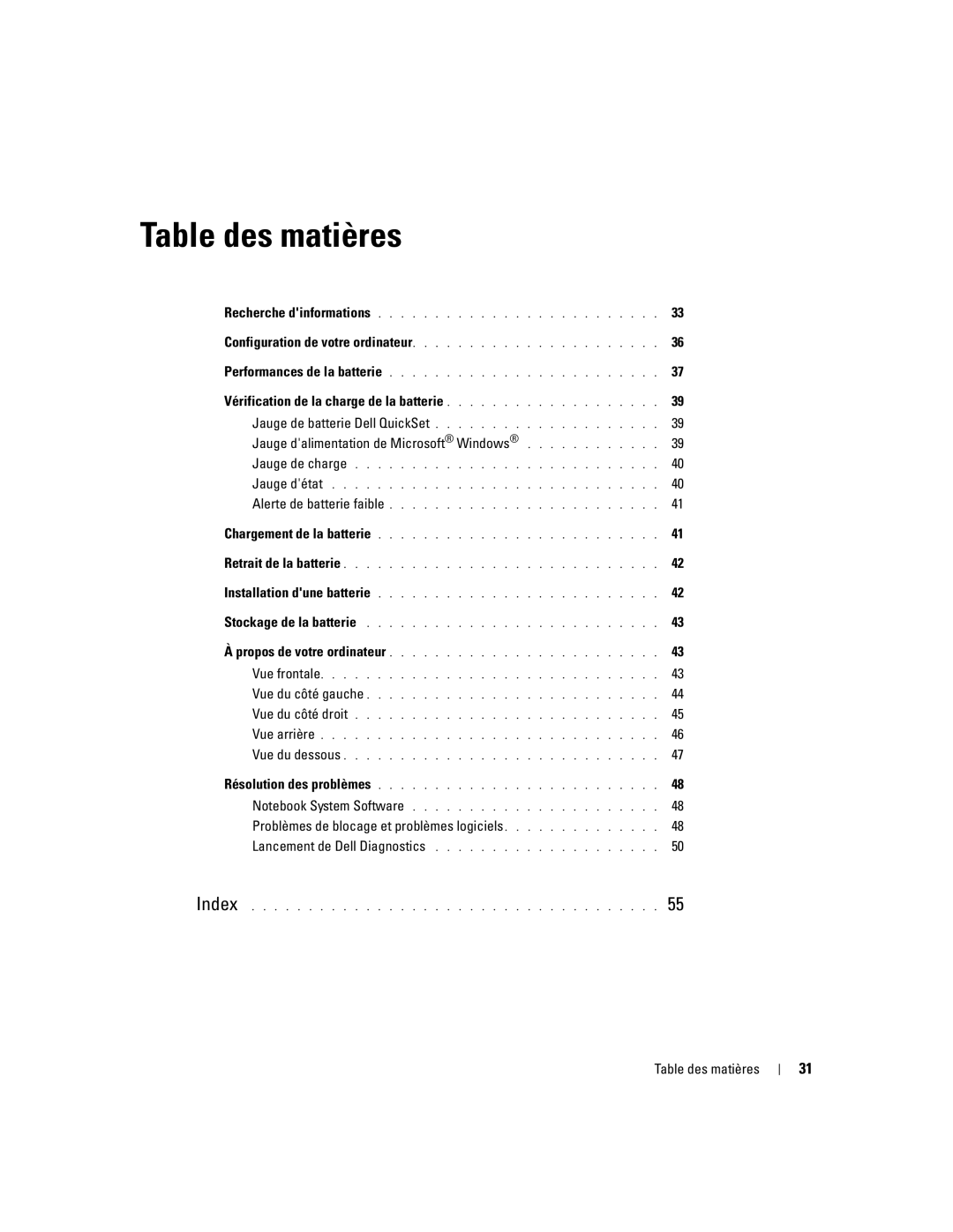 Dell D610 manual Vérification de la charge de la batterie, Jauge dalimentation de Microsoft Windows, Table des matières 