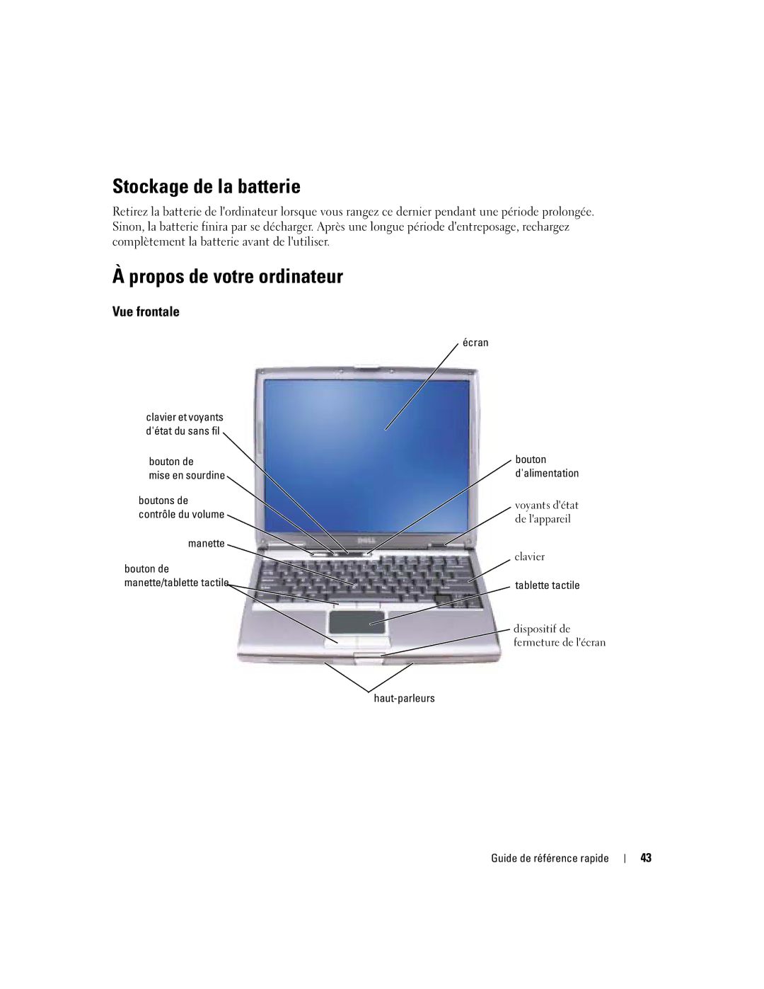 Dell D610 manual Stockage de la batterie, Propos de votre ordinateur, Vue frontale 