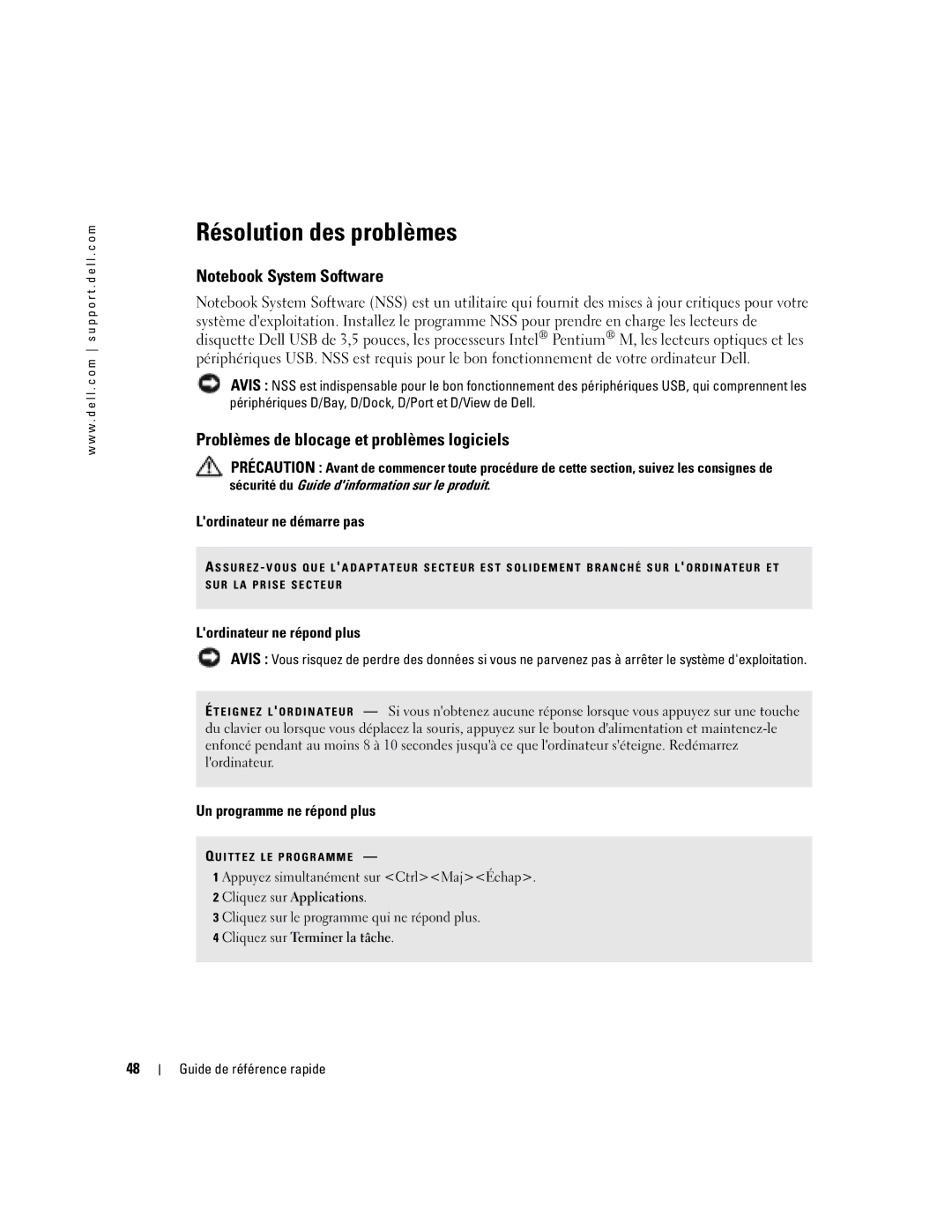 Dell D610 manual Résolution des problèmes, Problèmes de blocage et problèmes logiciels, Lordinateur ne démarre pas 