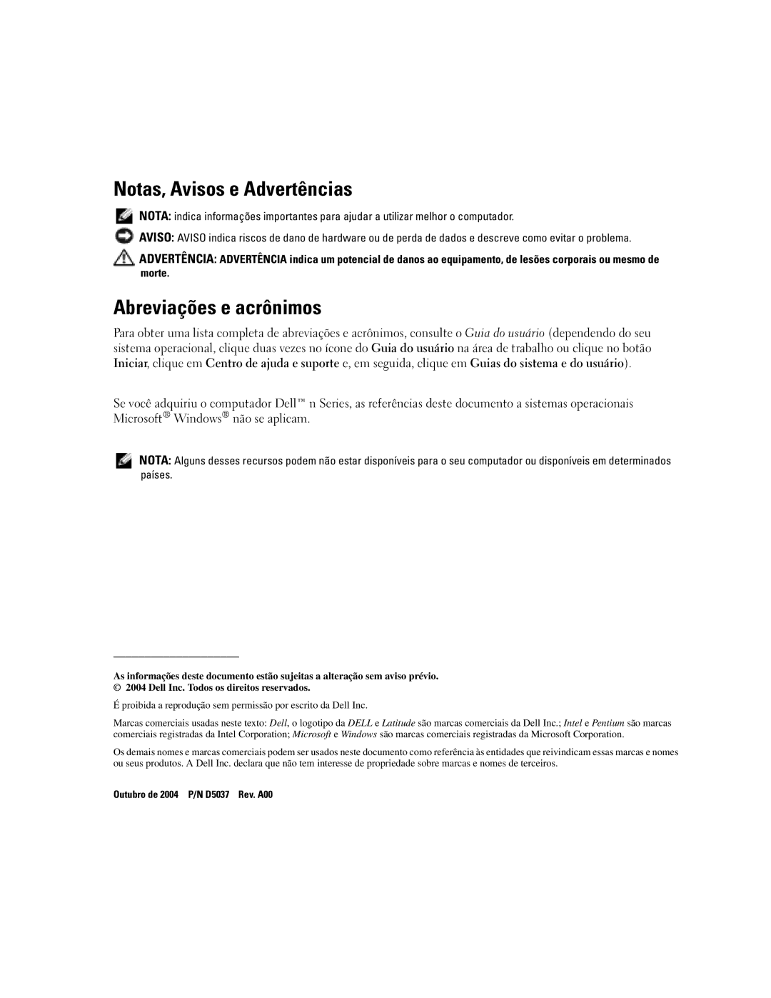 Dell D610 manual Notas, Avisos e Advertências, Abreviações e acrônimos 