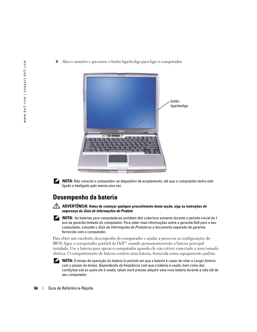 Dell D610 manual Desempenho da bateria 