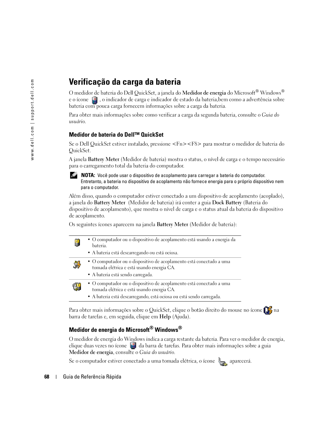 Dell D610 Verificação da carga da bateria, Medidor de bateria do Dell QuickSet, Medidor de energia do Microsoft Windows 