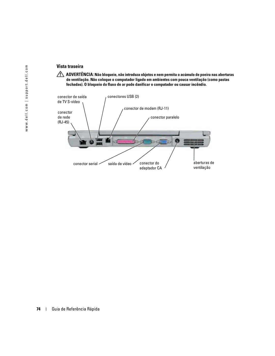 Dell D610 manual Vista traseira, Conector de saída, Adaptador CA Ventilação 