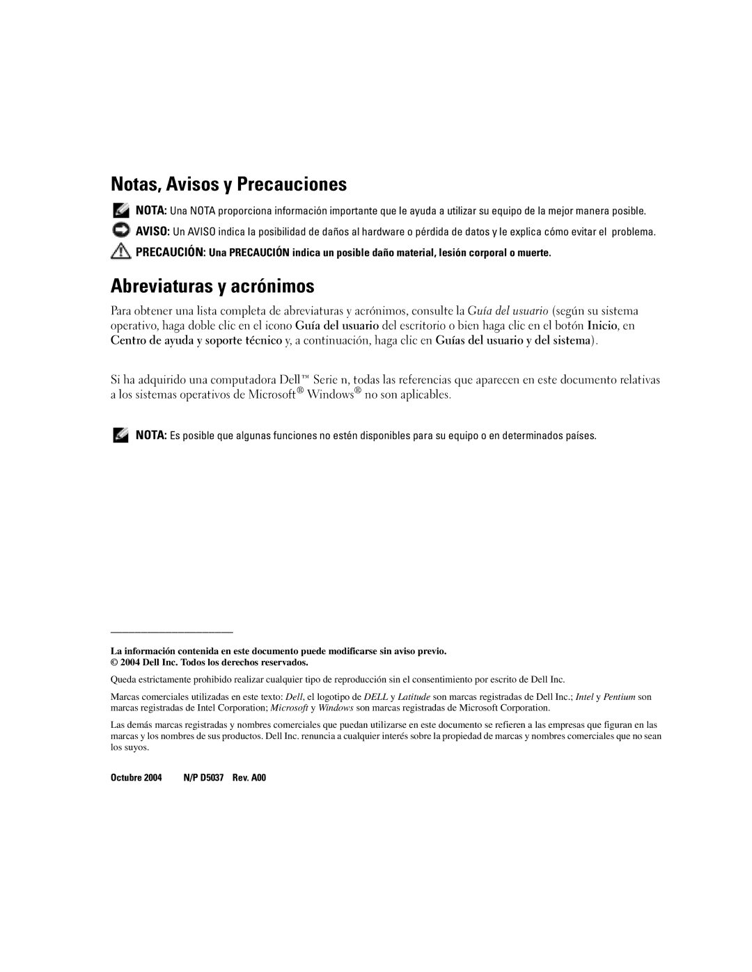 Dell D610 manual Notas, Avisos y Precauciones, Abreviaturas y acrónimos 
