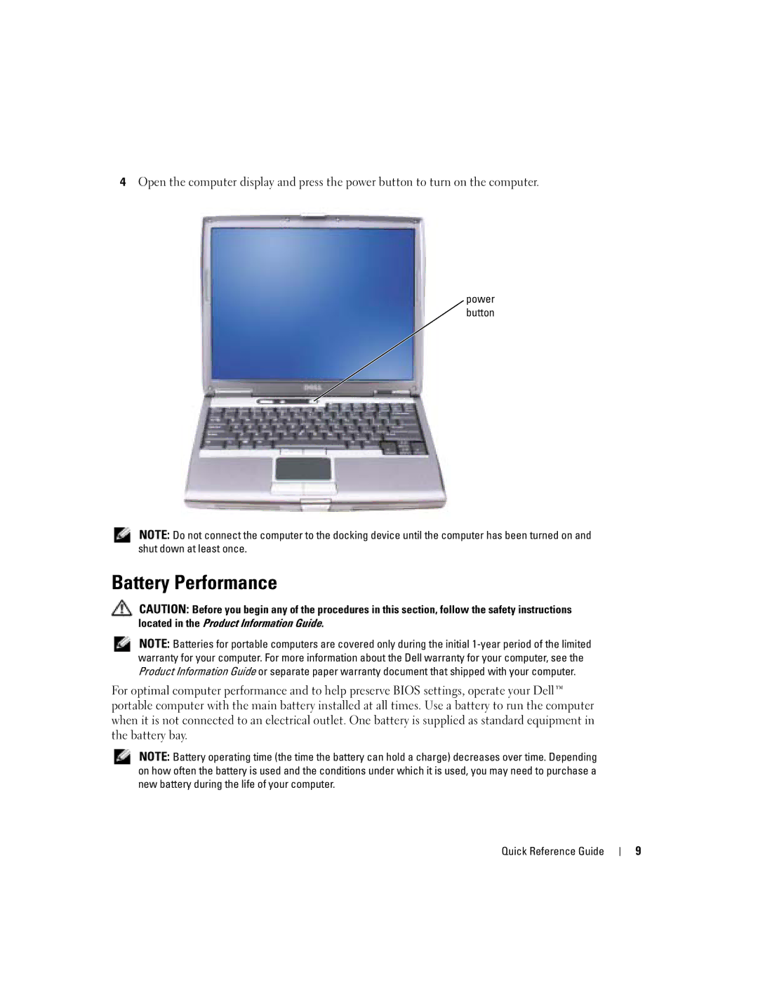 Dell D610 manual Battery Performance, Power button 