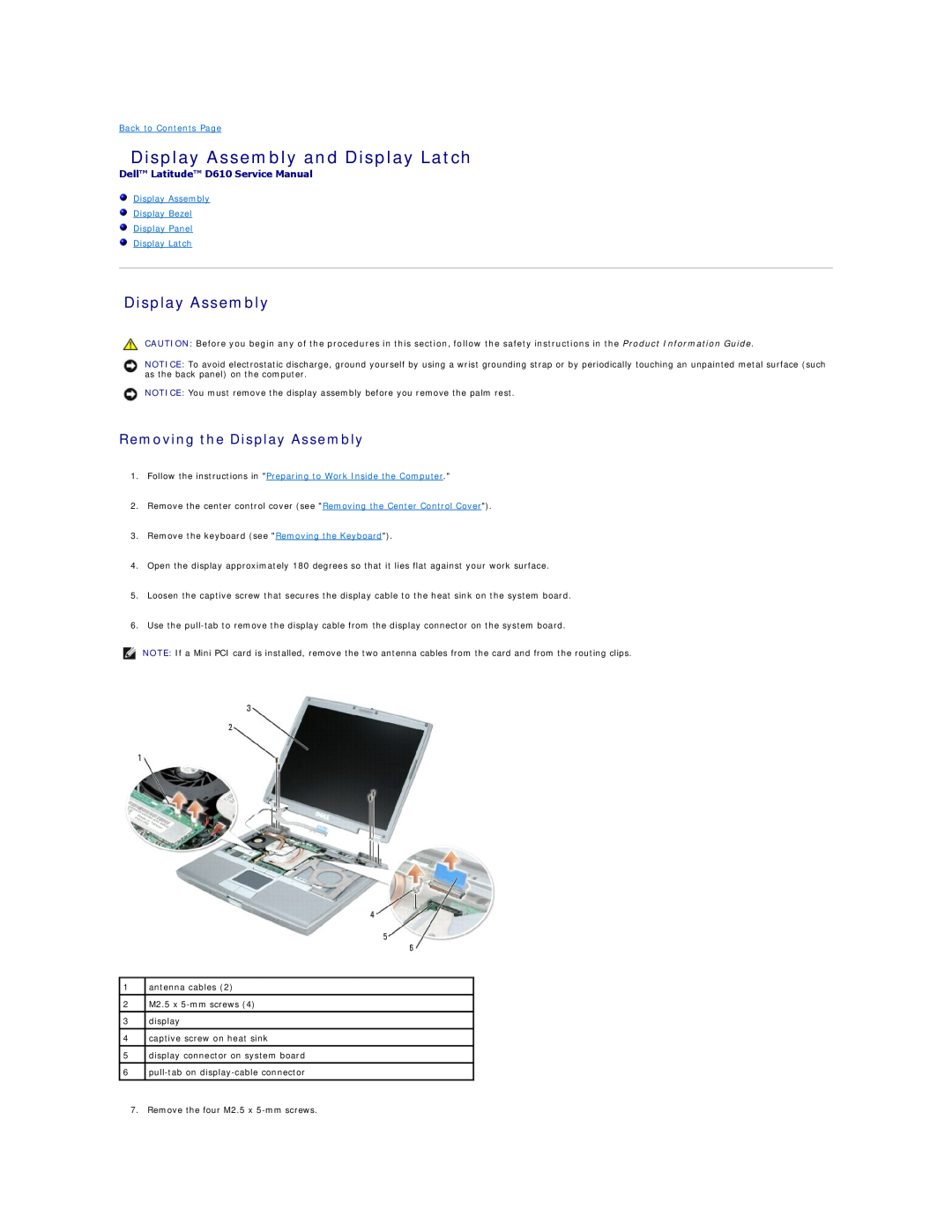 Dell manual Display Assembly and Display Latch, Removing the Display Assembly, Dell Latitude D610 Service Manual 