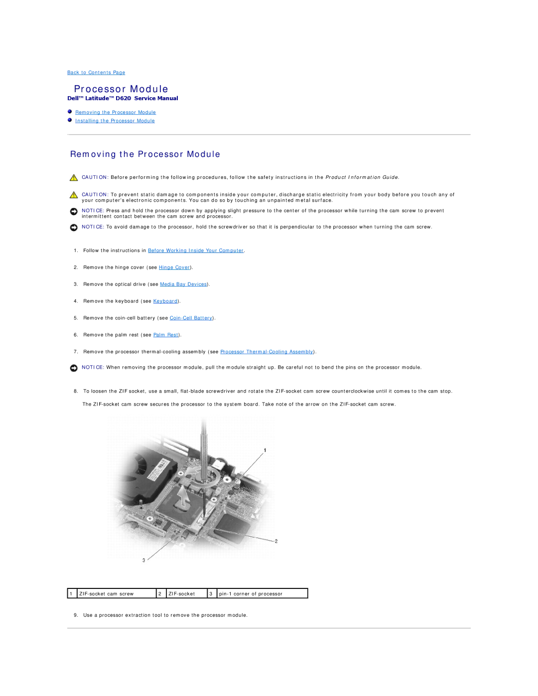 Dell D620, PP18L manual Removing the Processor Module 