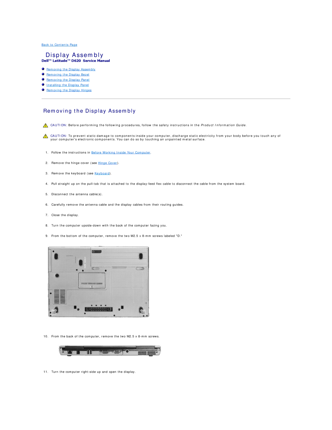 Dell D620, PP18L manual Removing the Display Assembly 