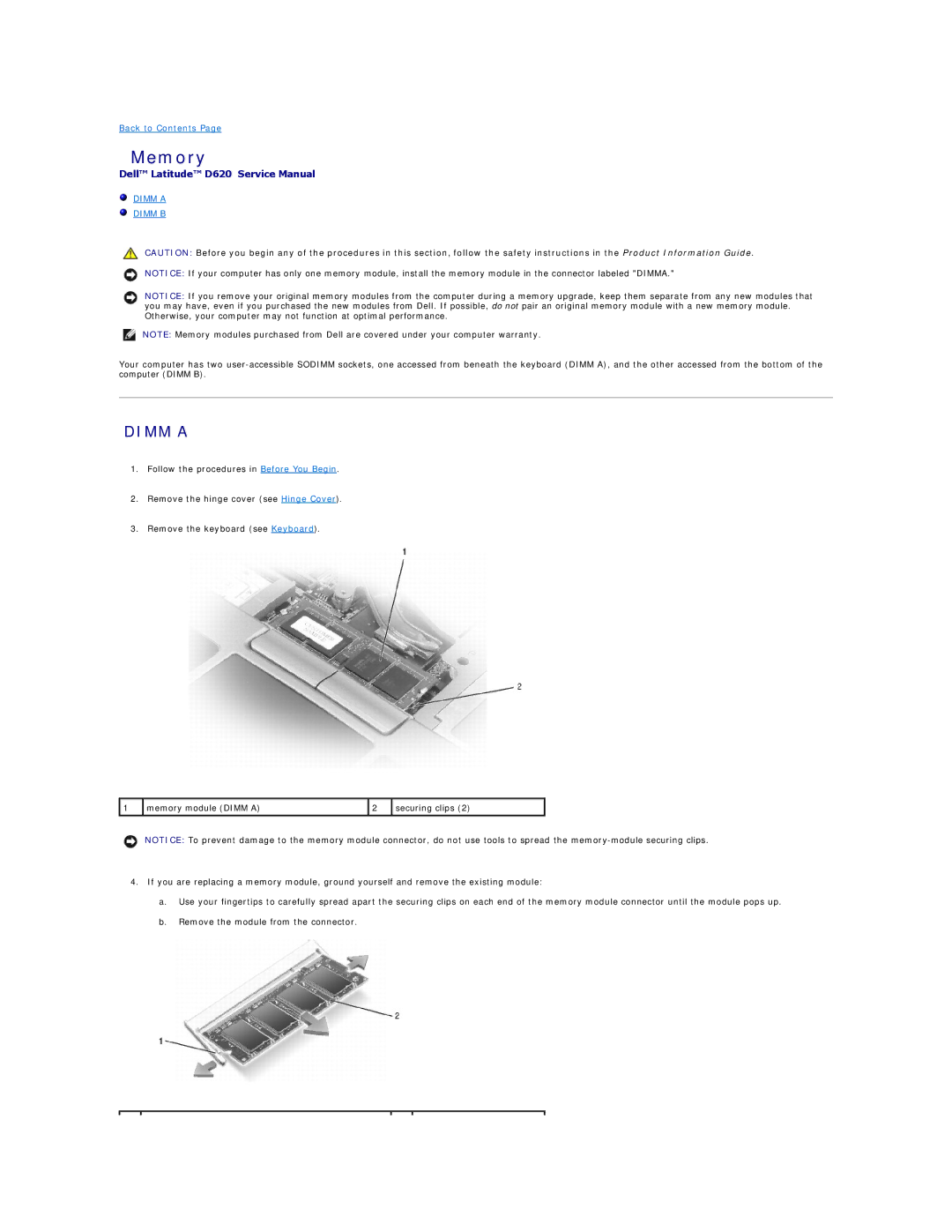 Dell D620, PP18L manual Memory, Dimm a Dimm B 