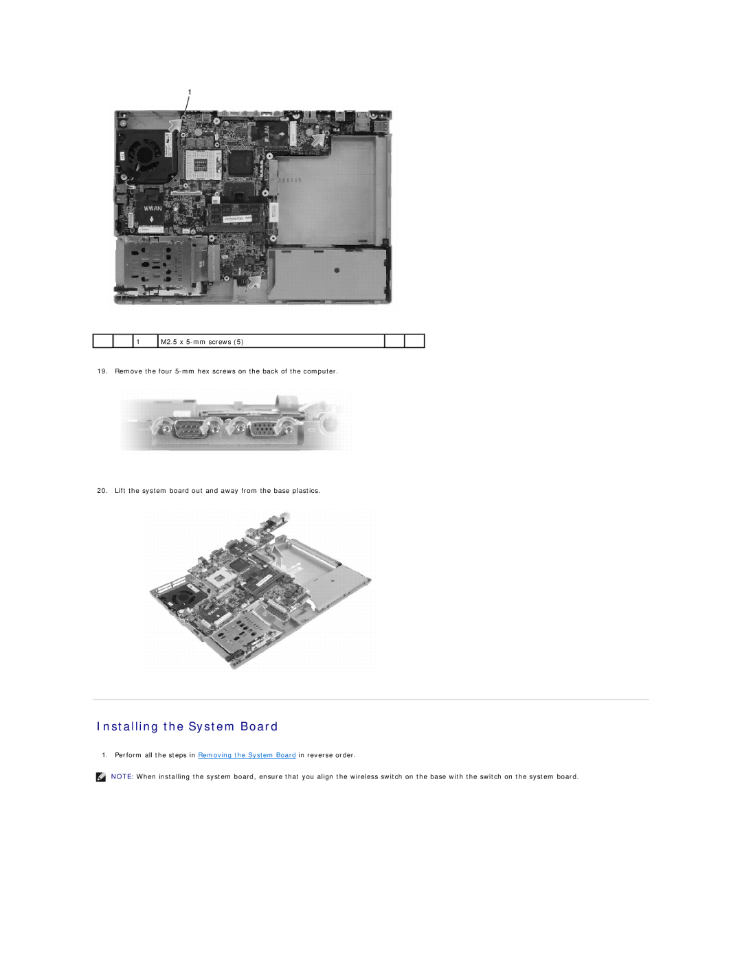 Dell PP18L, D620 manual Installing the System Board 