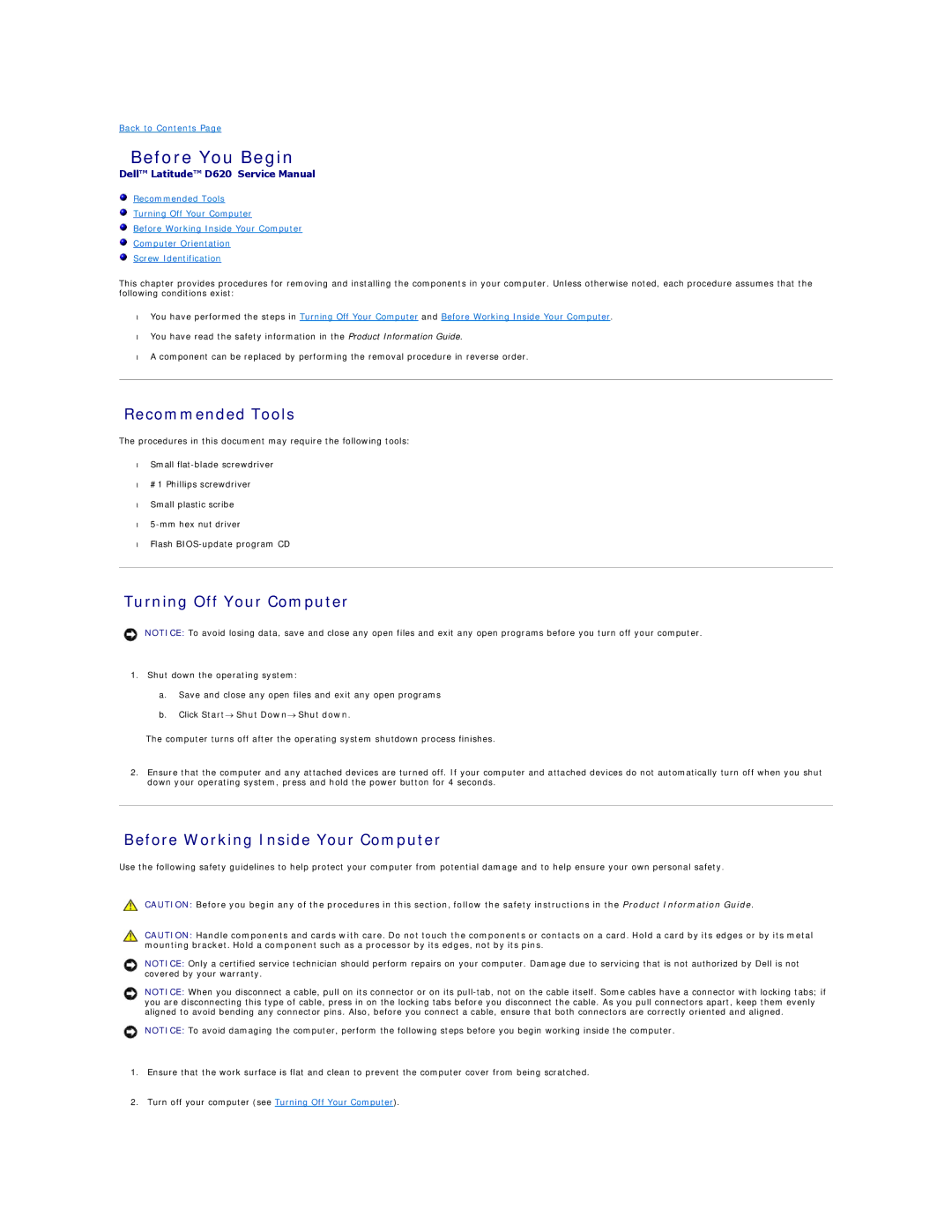 Dell D620, PP18L manual Before You Begin, Recommended Tools, Turning Off Your Computer, Before Working Inside Your Computer 