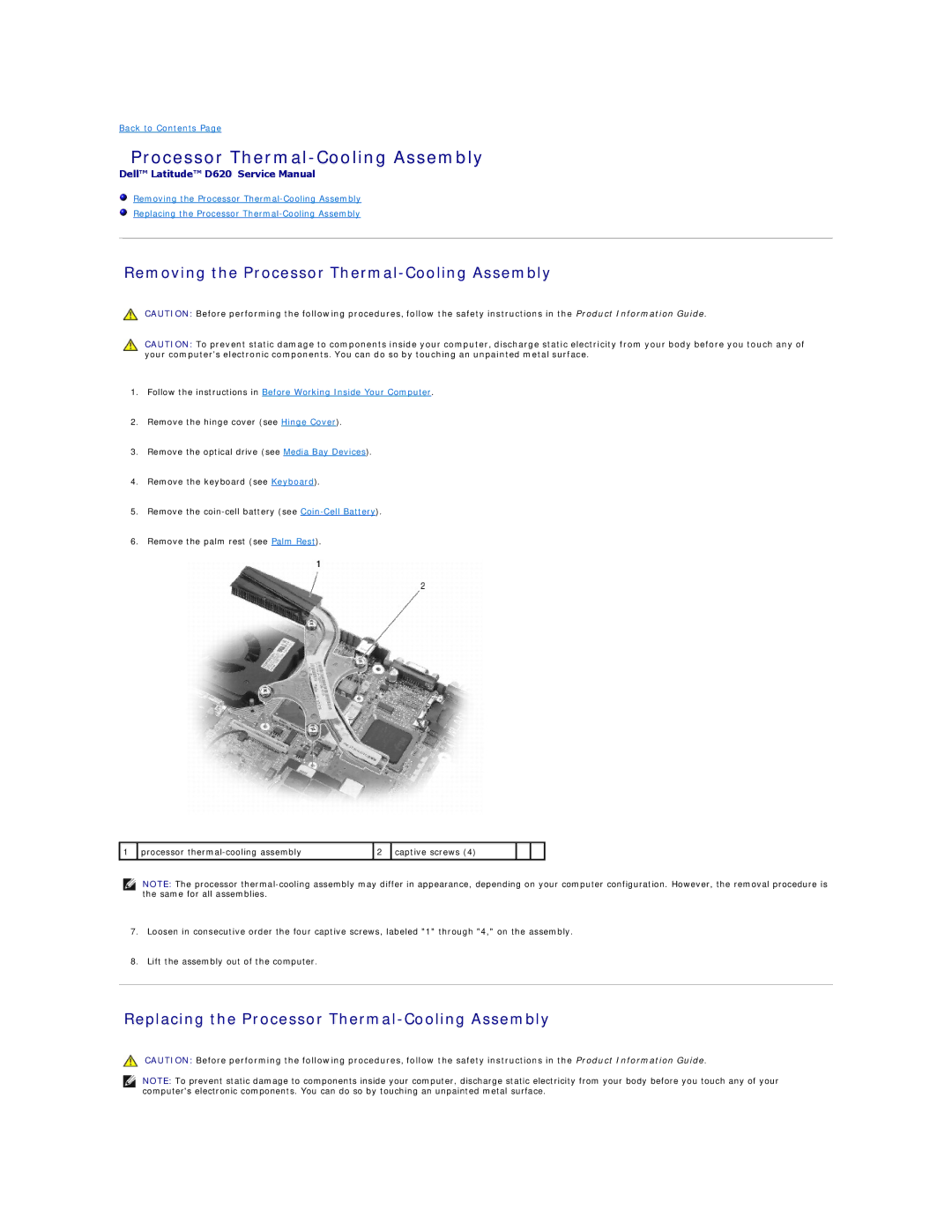 Dell PP18L, D620 Removing the Processor Thermal-Cooling Assembly, Replacing the Processor Thermal-Cooling Assembly 