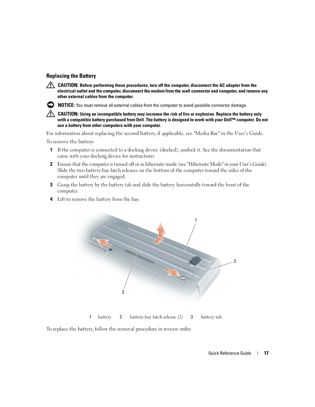 Dell D620 manual Replacing the Battery 