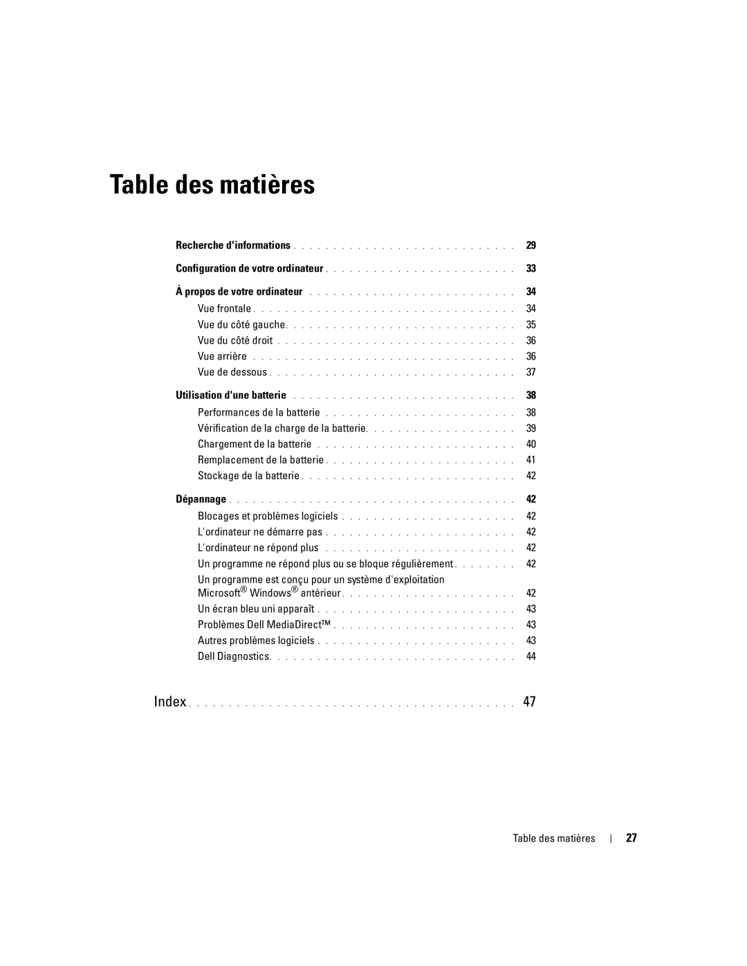 Dell D620 manual Vérification de la charge de la batterie, Table des matières 