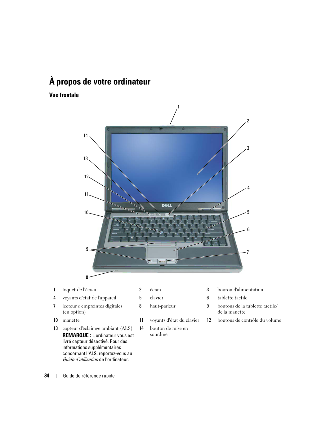 Dell D620 manual Propos de votre ordinateur, Vue frontale 