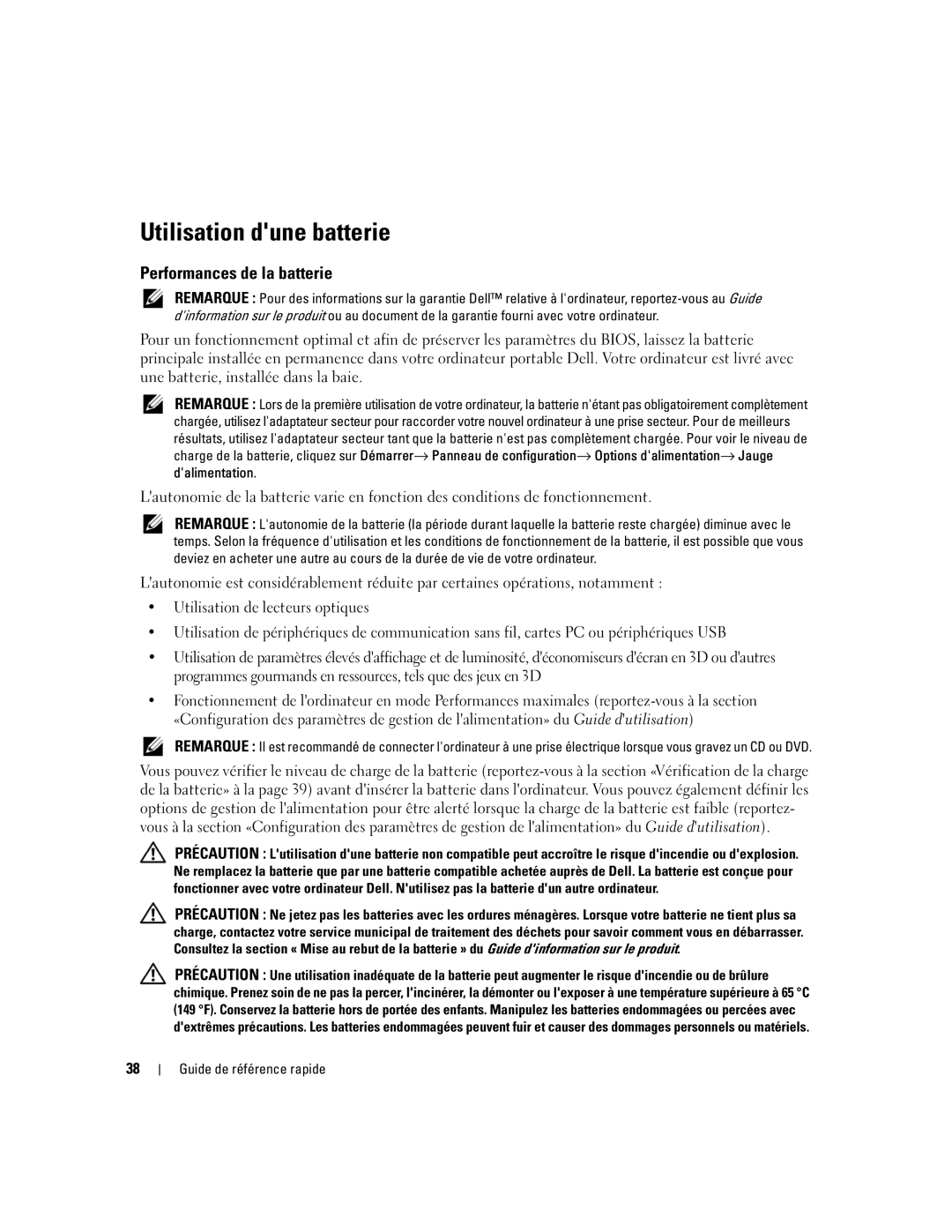 Dell D620 manual Utilisation dune batterie, Performances de la batterie 