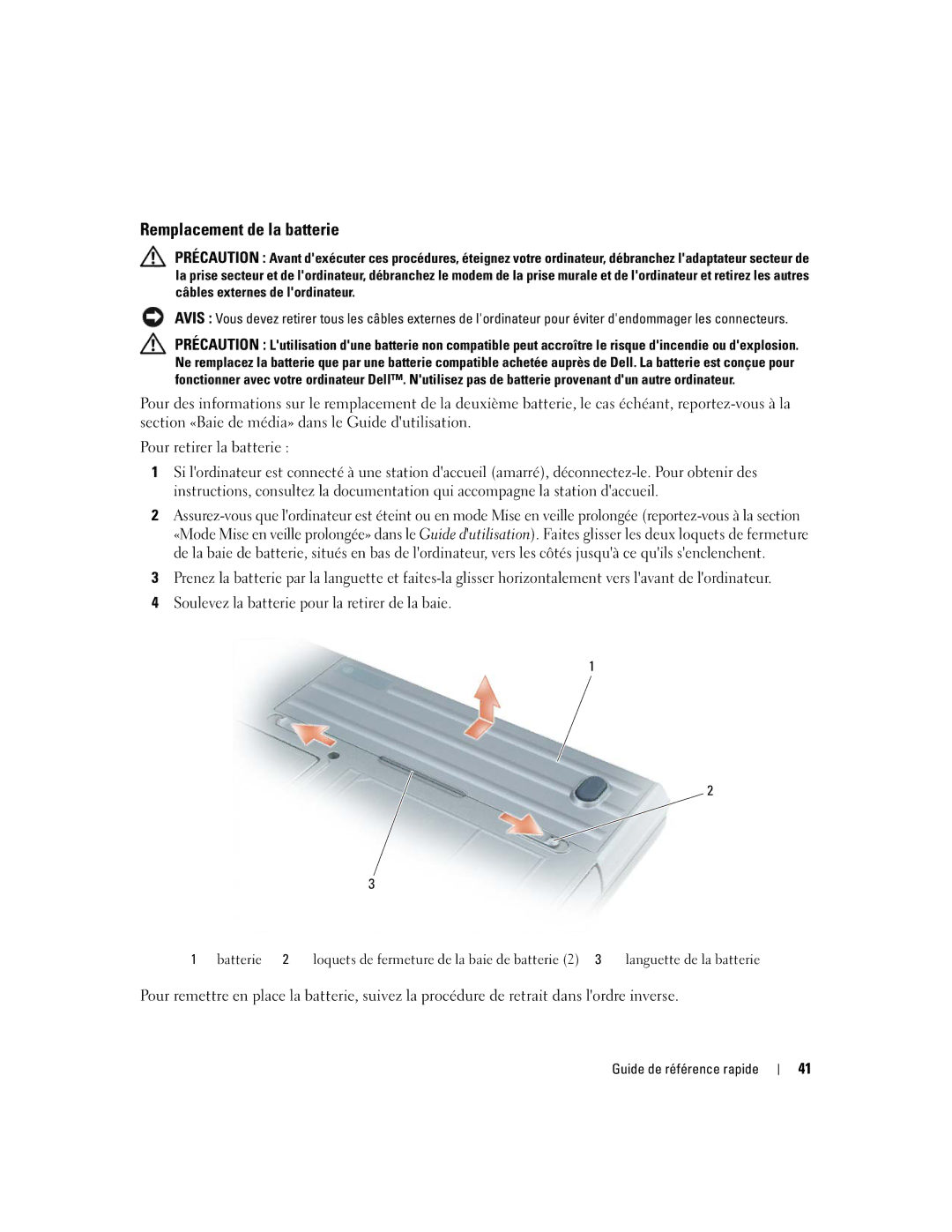 Dell D620 manual Remplacement de la batterie 