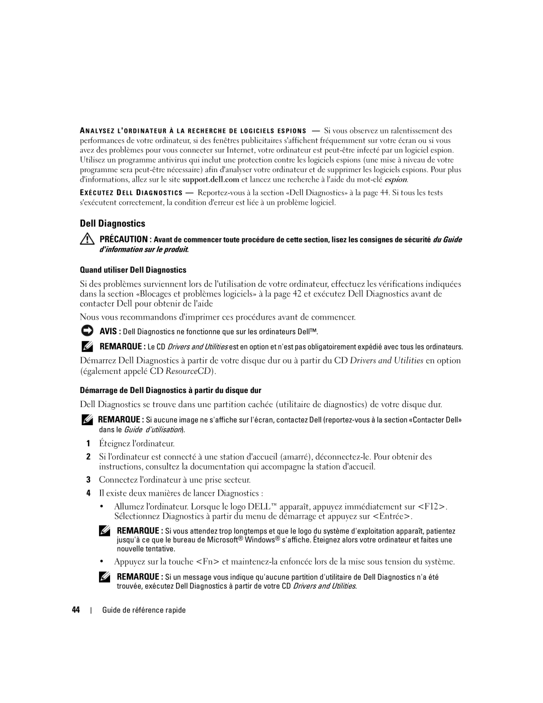 Dell D620 manual Quand utiliser Dell Diagnostics, Démarrage de Dell Diagnostics à partir du disque dur 