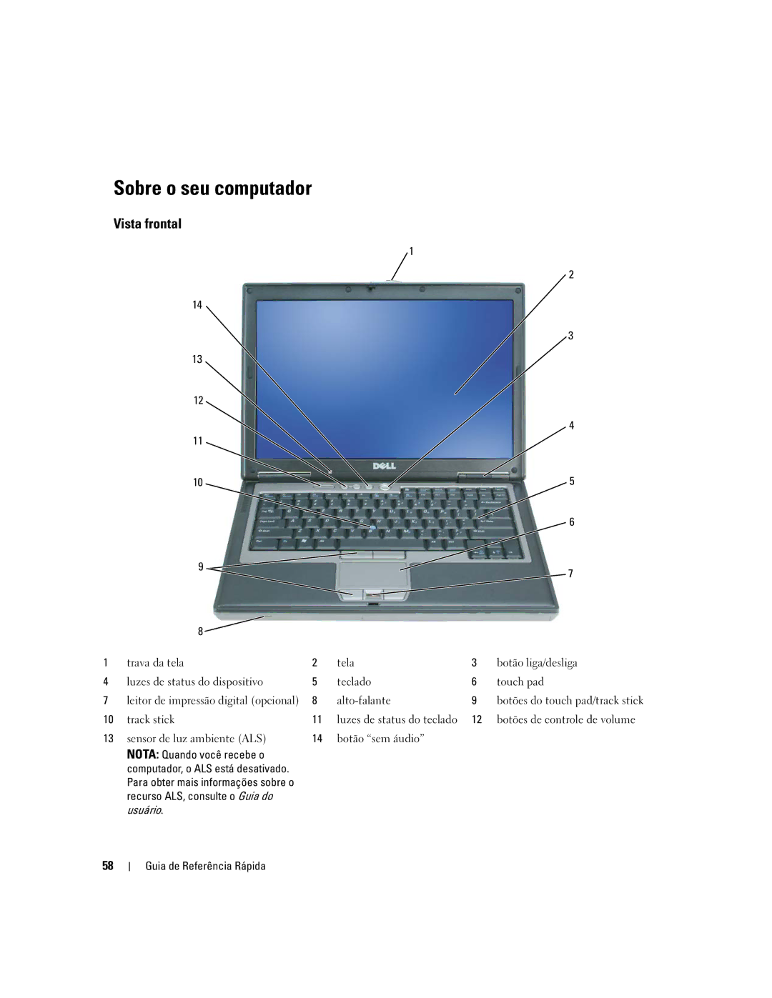 Dell D620 manual Sobre o seu computador, Vista frontal 