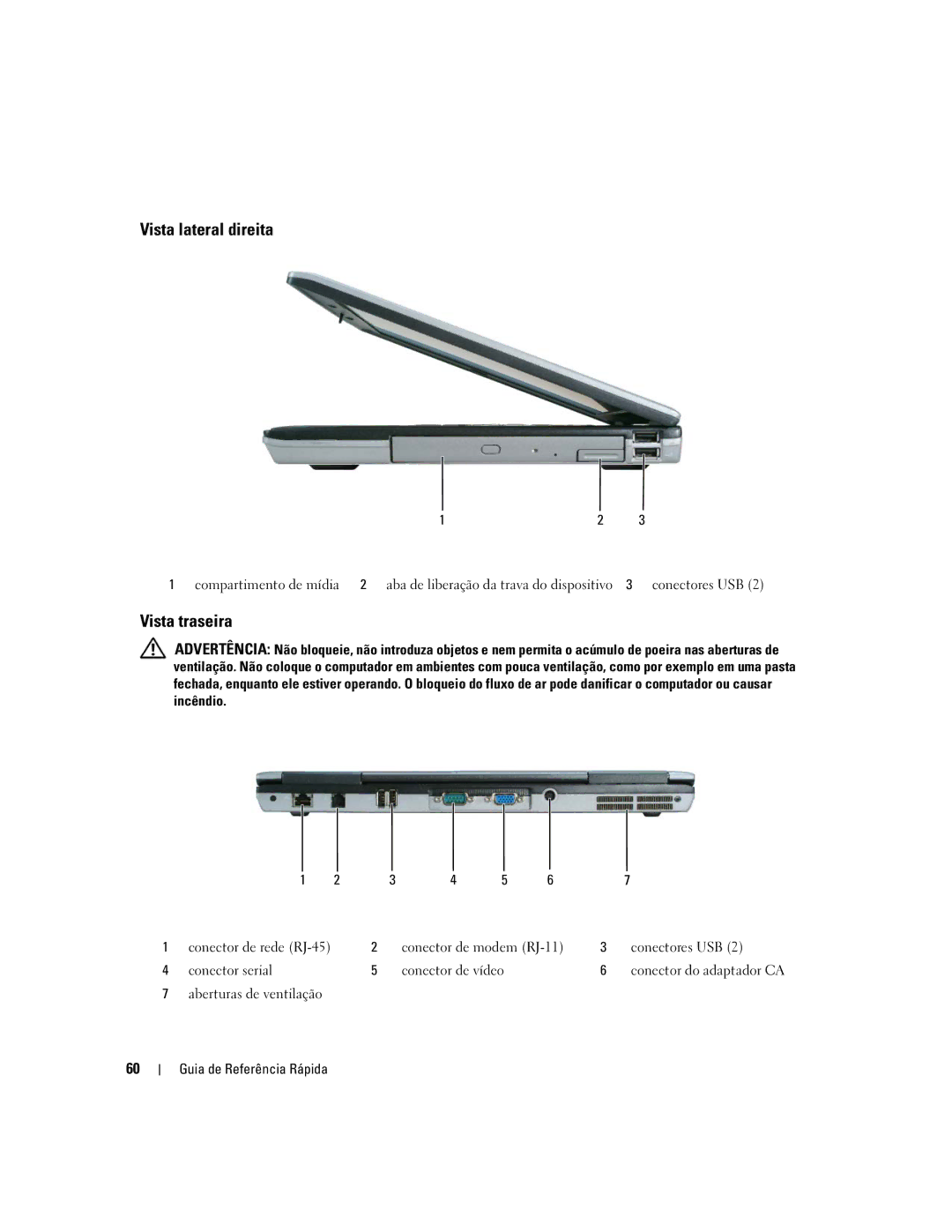 Dell D620 manual Vista lateral direita, Vista traseira 
