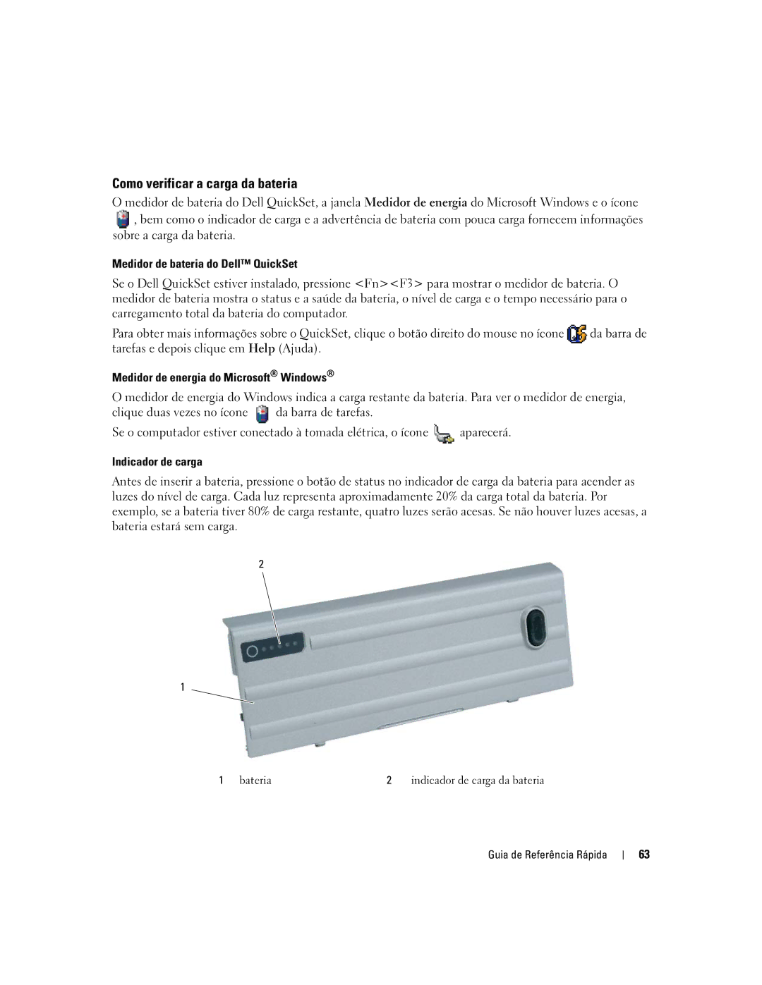 Dell D620 Como verificar a carga da bateria, Medidor de bateria do Dell QuickSet, Medidor de energia do Microsoft Windows 