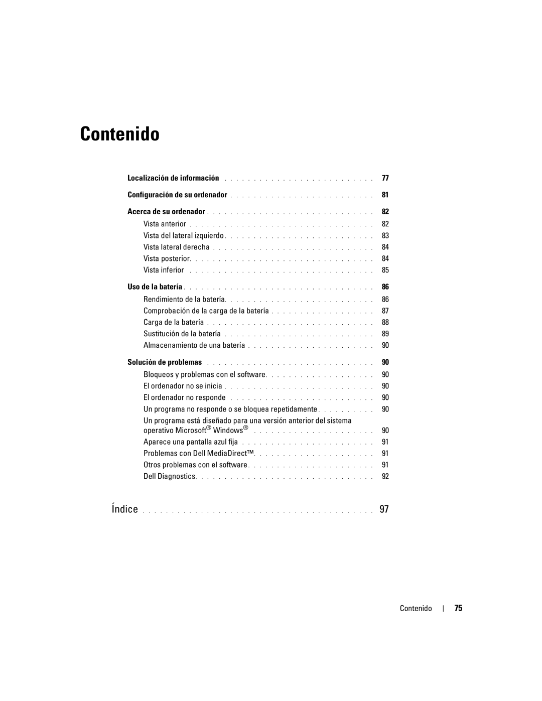 Dell D620 manual Comprobación de la carga de la batería, Un programa no responde o se bloquea repetidamente, Contenido 