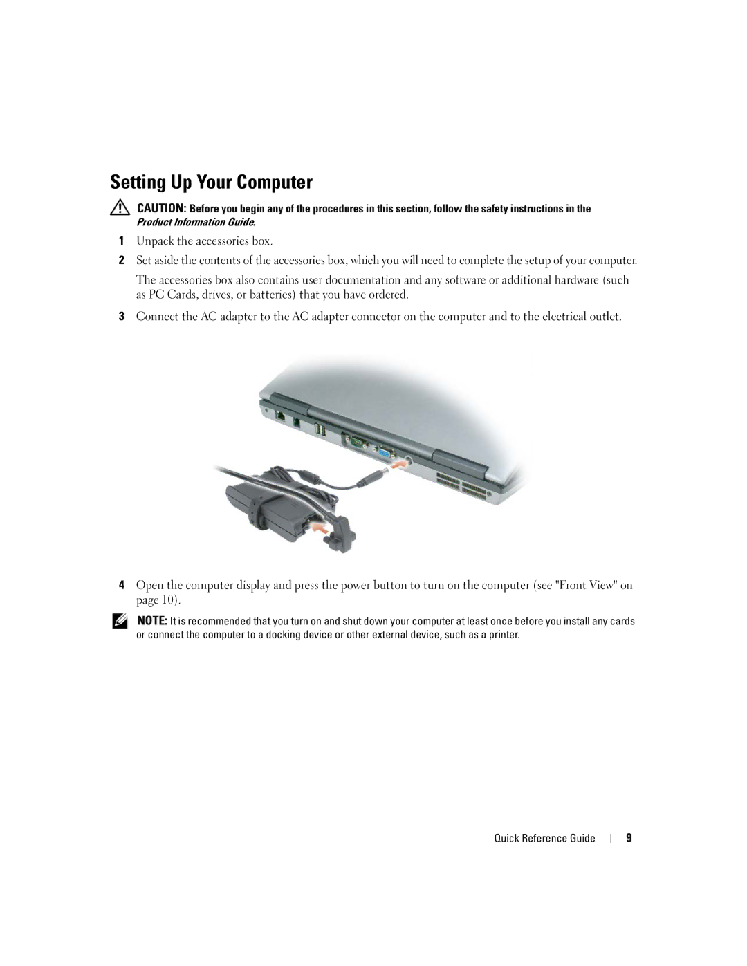 Dell D620 manual Setting Up Your Computer, Unpack the accessories box, Product Information Guide 