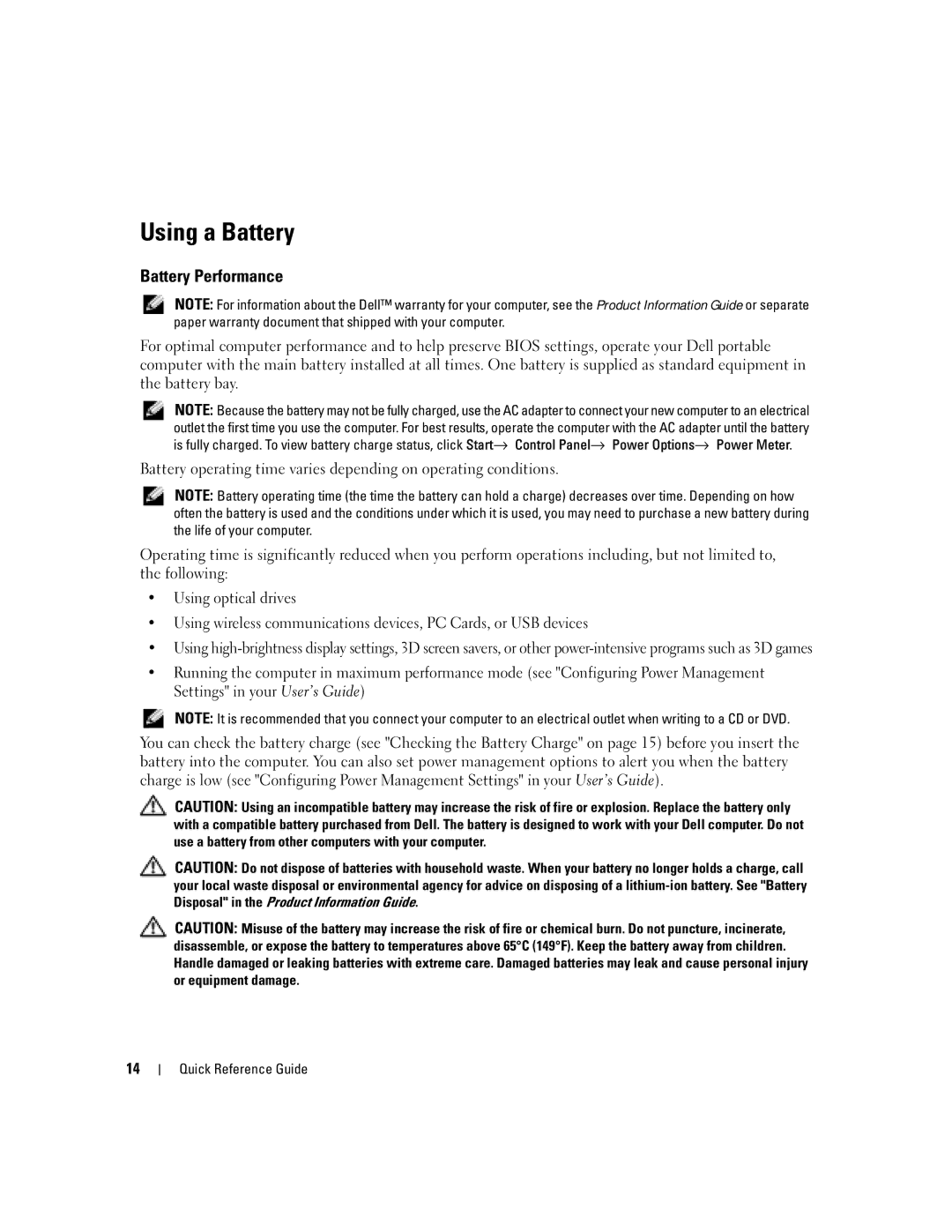 Dell D620 manual Using a Battery, Battery Performance 