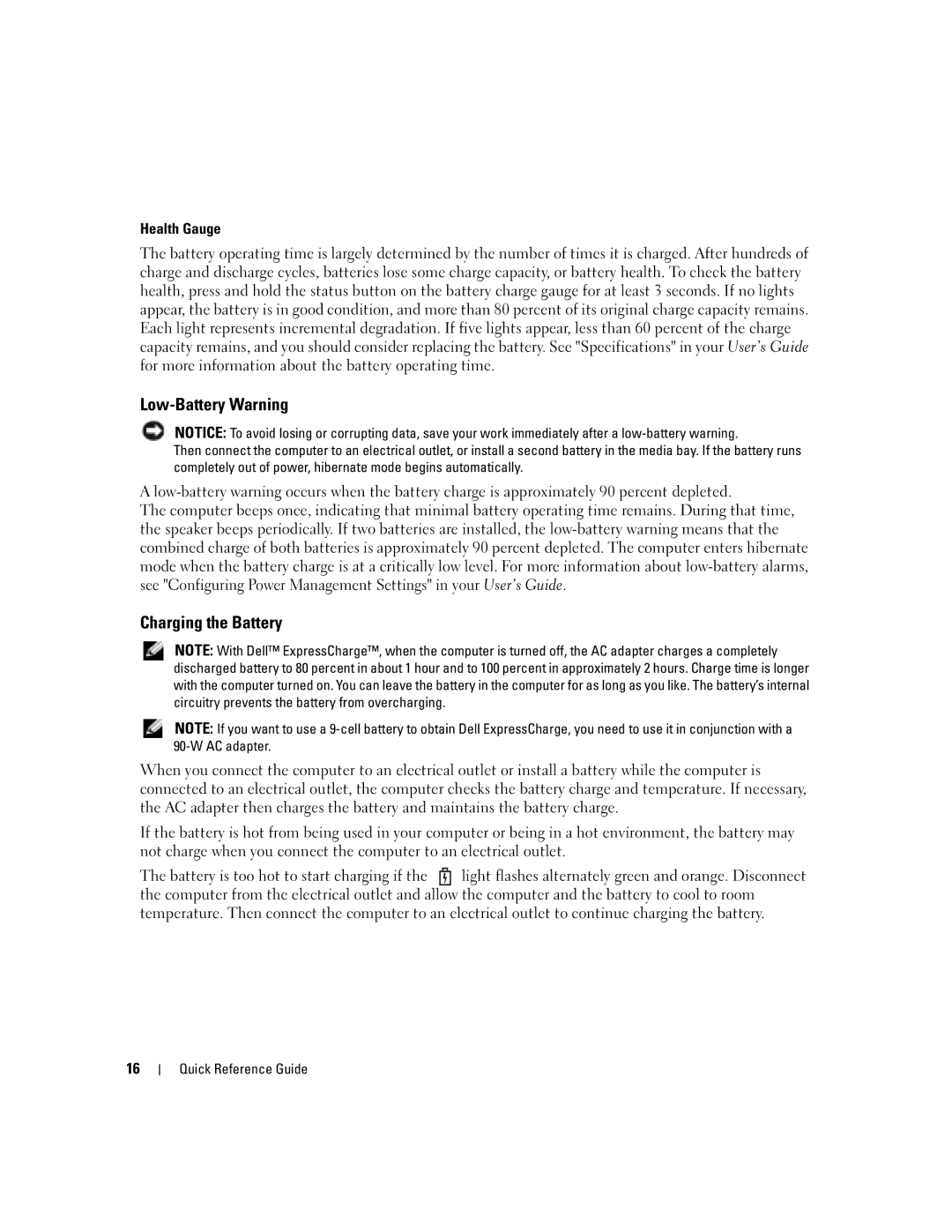 Dell D620 manual Low-Battery Warning, Charging the Battery, Health Gauge 