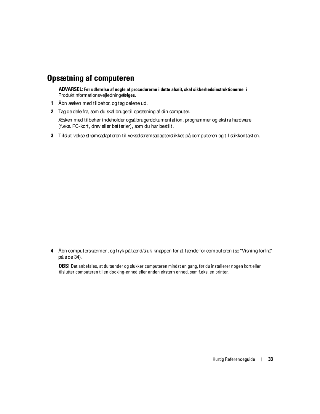 Dell D620 manual Opsætning af computeren, Produktinformationsvejledningen følges 